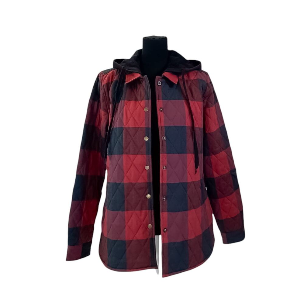 Smith + Rogue Women's Quilted Buffalo Plaid Hooded Jacket Shacket Red Black L